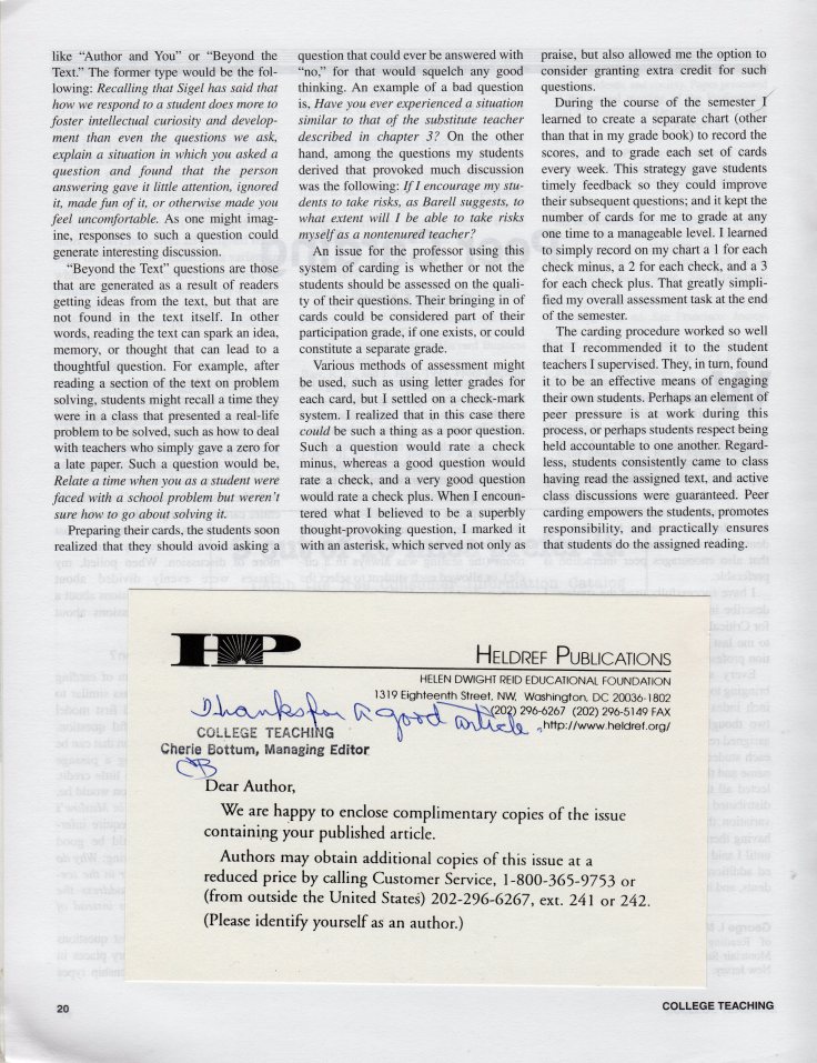 College Teaching Winter 2000 Peer Carding, p. 20 with card